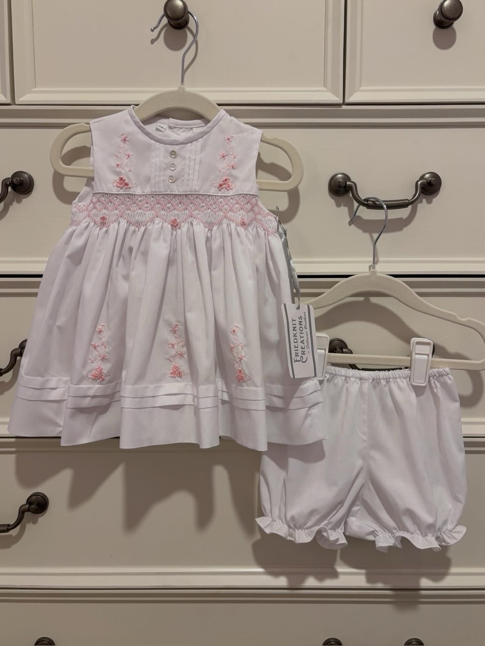 NWT Friedknit Creations Baby Girl Smocked Dress w/ Bloomers - Size 6 Months